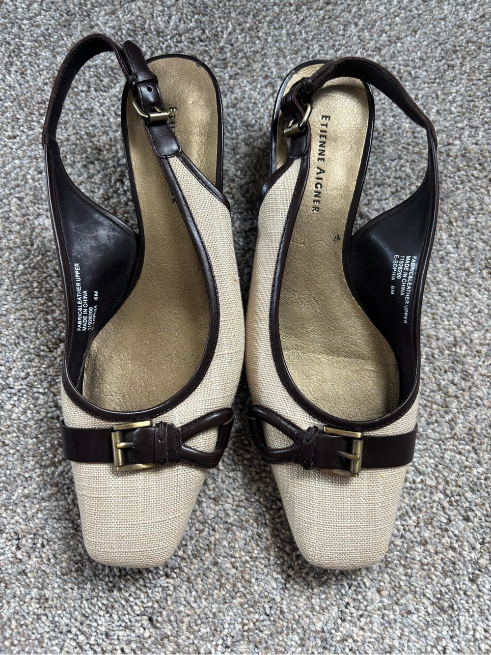 Etienne Aigner Beige and Brown Buckle Slingback Mules Size 6